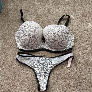 Victoria's Secret Ivory Lace Push-Up Bra & Thong with Black Trim